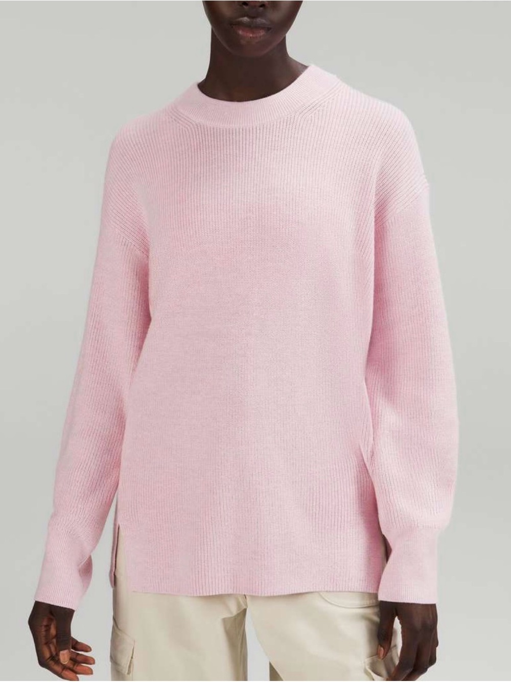 Lululemon Merino Wool Blend Ribbed Crewneck Sweater Heathered Pink Peony Size 10